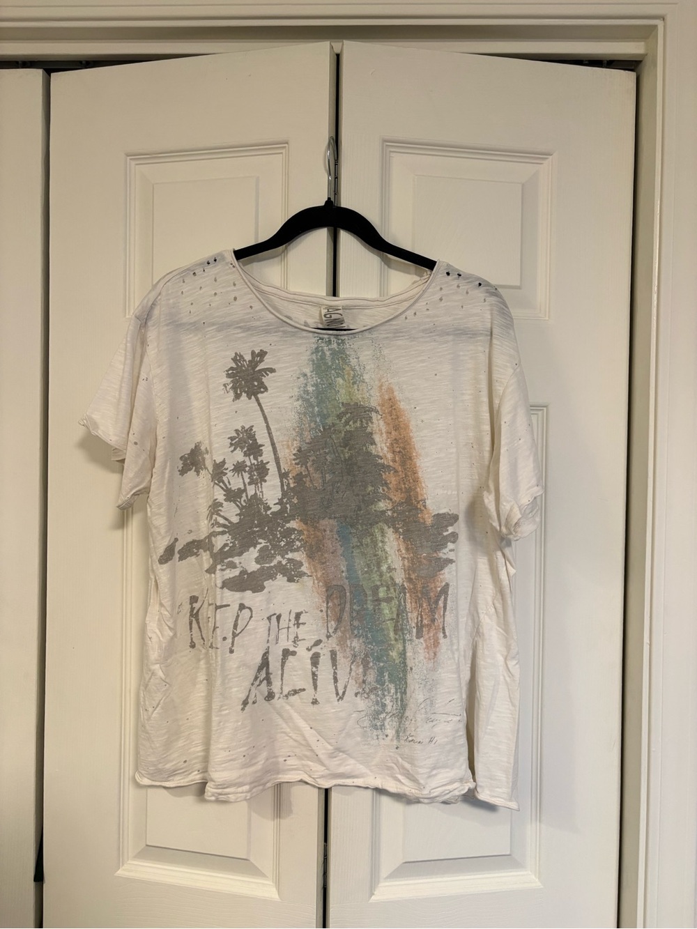 Magnolia Pearl White Short-Sleeve Tee with Muted Teal and Rust Brushprint
